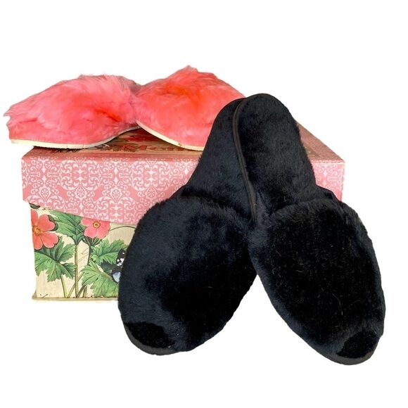 Black and Pink Fuzzy Slippers NWOT Open Toe Two Pair Fits Womens Sizes 6 - 7.5 - Picture 1 of 6